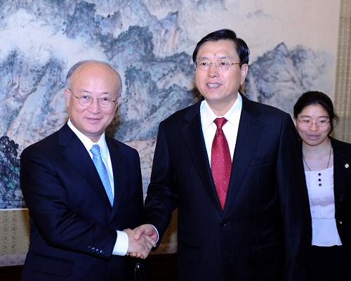 8月16日,中共中央政治局委員、國務(wù)院副總理張德江在北京中南海紫光閣會見國際原子能機構(gòu)總干事天野之彌。新華社記者 張鐸 攝
