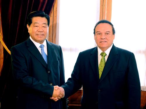 11月23日,全國(guó)政協(xié)主席賈慶林在秘魯首都利馬與秘魯國(guó)會(huì)主席阿爾瓦舉行會(huì)談。新華社記者 李學(xué)仁 攝