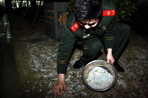 3月19日,浙江臺州邊檢站的一名戰(zhàn)士在收集地面上的冰雹。新華社發(fā)(王天榮 攝)