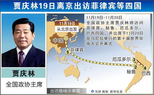 圖表:賈慶林19日離京出訪菲律賓等四國 新華社發(fā)