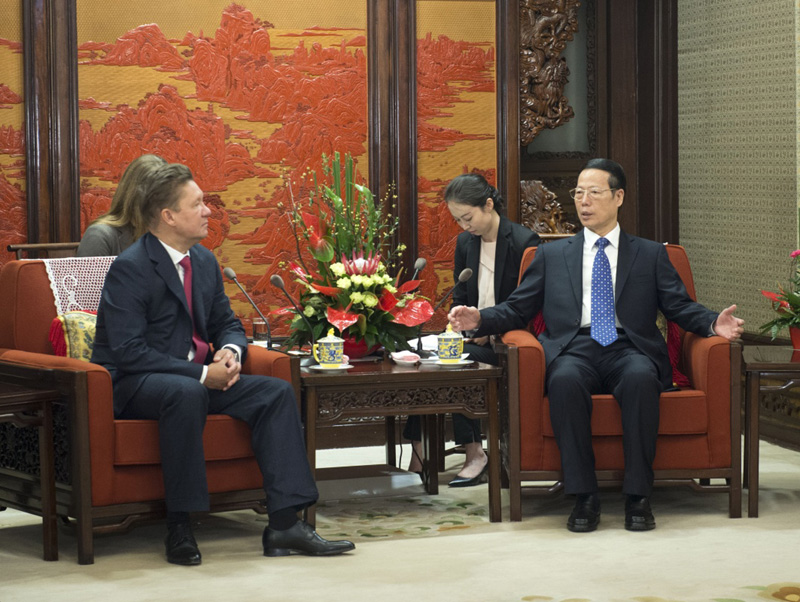 3月22日，中共中央政治局常委、國務(wù)院副總理張高麗在北京中南海紫光閣會見俄羅斯天然氣工業(yè)公司總裁米勒。