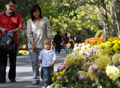 10月2日,市民在烏魯木齊市植物園內(nèi)觀賞菊花。 國慶期間,在烏魯木齊市植物園內(nèi)舉行的新疆烏魯木齊第13屆菊花展吸引了大批市民前來賞菊。據(jù)了解,此次菊花展共展出300多個品種的10萬多盆菊花。色彩鮮艷、姿態(tài)萬千的盆景菊、懸崖菊、小菊等花卉讓前來觀賞的人們目不暇接,此次菊花展將一直持續(xù)至10月底。 新華社記者 趙戈 攝