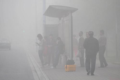 10月9日清晨,合肥街頭大霧籠罩,一些乘客在大霧彌漫的公交站臺(tái)候車(chē)。