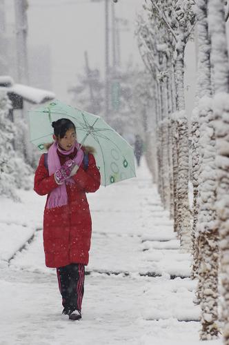 11月16日,一名合肥女孩冒雪走在上學(xué)路上。 受冷空氣影響,從11月15日晚上開始,安徽大部分地區(qū)普降大雪,局部地區(qū)出現(xiàn)暴雪。安徽省氣象臺已于16日6時發(fā)布暴雪橙色預(yù)警。 新華社記者 李健 攝