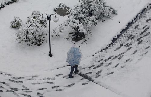 11月16日,一位合肥市民在雪中行進(jìn)。 受冷空氣影響,從11月15日晚上開始,安徽大部分地區(qū)普降大雪,局部地區(qū)出現(xiàn)暴雪。安徽省氣象臺已于16日6時發(fā)布暴雪橙色預(yù)警。 新華社記者 李健 攝