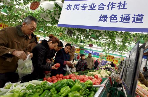 12月6日,市民在山西省運城市一家大型超市選購蔬菜。近日,山西省運城市在市區(qū)各大超市開通了“農(nóng)民專業(yè)合作社”供菜綠色通道,讓當(dāng)?shù)?#8220;農(nóng)民專業(yè)合作社”生產(chǎn)的蔬菜通過“綠色通道”直接進(jìn)入超市,減少流通環(huán)節(jié)成本,以低價菜供應(yīng)市民。