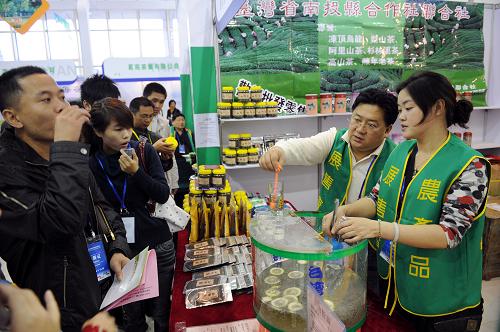 11月16日,臺(tái)灣茶商在第三屆海峽兩岸茶業(yè)博覽會(huì)上向與會(huì)嘉賓推介臺(tái)灣茶品。新華社記者 姜克紅 攝