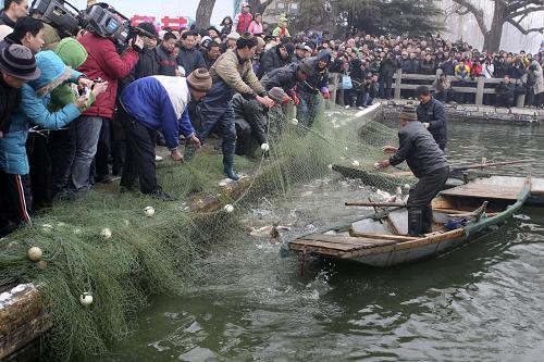 2月6日,濟(jì)南大明湖風(fēng)景區(qū)的工作人員在捕撈湖魚。 新華社發(fā)(呂傳泉 攝)