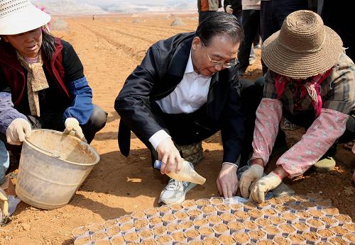 這是3月20日,溫家寶在陸良縣德格海子水庫旁的田地里往塑料袋里添加營養(yǎng)土,培育玉米苗。新華社記者 姚大偉 攝