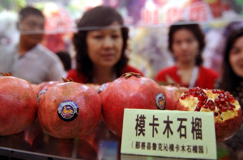 10月10日,幾位客商在參觀產(chǎn)自新疆吐魯番地區(qū)的石榴。新華社記者 趙戈 攝