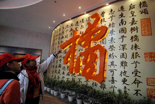 11月23日,浙江黃巖的小學生正在參觀中國柑橘博物館。當日,作為第十屆中國·黃巖柑橘節(jié)的重頭戲,中國柑橘博物館在浙江省臺州市黃巖區(qū)落成。中國柑橘博物館是我國第一座以柑橘和橘文化為主題的大型專題博物館,占地面積25000平方米,建筑面積8000平方米,是柑橘產業(yè)的文物史料、收藏、展示、保護、研究和教育中心。新華社記者 王小川 攝
