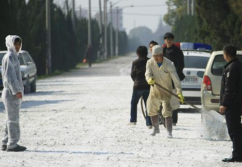 2月12日,衛(wèi)生防疫人員正在對奶牛場內(nèi)外的道路鋪撒石灰進(jìn)行消毒。