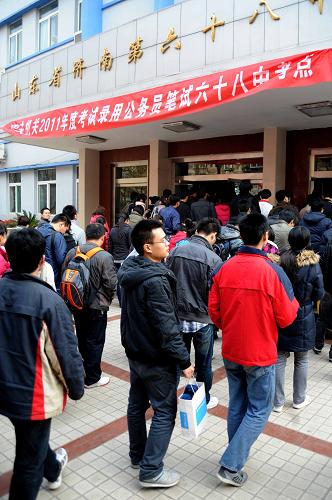 山東10余萬考生參加國家公務員考試 12月5日,在國家公務員考試濟南第六十八中學考點,考生們陸續(xù)進入考場。 當日,2011年度中央機關及其直屬機構(gòu)公務員考試錄用公共科目筆試在全國31個考區(qū)的46個城市同時舉行。據(jù)了解,今年全國有140萬人同時走進考場,而山東省參加國家公務員考試的人數(shù)超過了10萬人。 新華社記者 徐速繪 攝