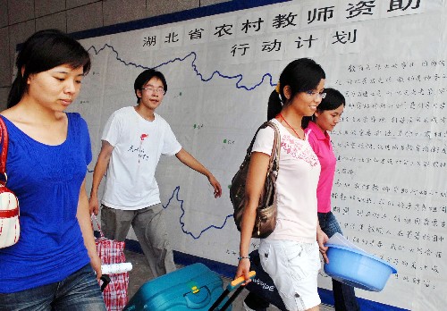 7月1日,參加“農(nóng)村教師資助行動計劃”的“資教生”報到參加培訓(xùn)。 當(dāng)日,湖北省教育廳組織實施的2008年“農(nóng)村教師資助行動計劃”在湖北經(jīng)濟(jì)學(xué)院啟動,將有2500多名高校畢業(yè)生赴農(nóng)村鄉(xiāng)鎮(zhèn)任教。湖北省2004年開始啟動該計劃,每年選拔一批優(yōu)秀本科畢業(yè)生(“資教生”)到農(nóng)村鄉(xiāng)鎮(zhèn)學(xué)校任教,服務(wù)期為3年。 新華社發(fā)(楊宏斌 攝)