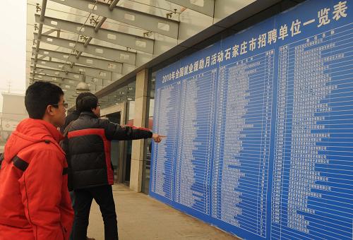 1月10日,在石家莊人力資源開發(fā)服務(wù)中心,幾名求職者正在查看就業(yè)援助月活動招聘單位表。新華社記者 王民 攝