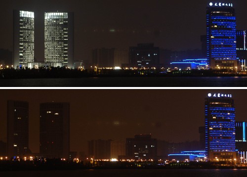 這張拼版照片顯示的是燈光熄滅前后的合肥市政務(wù)大樓(畫面左側(cè),3月28日攝)。3月28日,世界自然基金會(huì)倡導(dǎo)的“地球一小時(shí)”活動(dòng)得到全世界80多個(gè)國家和地區(qū)響應(yīng),該活動(dòng)旨在呼吁更多的人關(guān)注地球氣候變化。我國的北京、上海、香港等許多城市也加入到這一活動(dòng)中。新華社記者 李健 攝