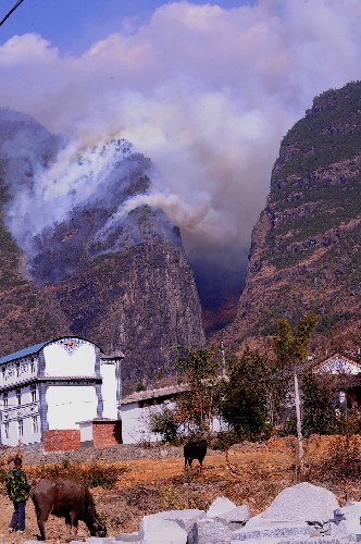 大理蒼山石門(mén)關(guān)森林火災(zāi)局部得到控制 2月16日,石門(mén)關(guān)風(fēng)景區(qū)山上濃煙滾滾,森林大火仍在燃燒。 2月14日發(fā)生在云南省大理白族自治州漾濞彝族自治縣蒼山西鎮(zhèn)金牛村石門(mén)關(guān)風(fēng)景區(qū)的森林大火,經(jīng)700多人50余小時(shí)的奮力撲救,至16日傍晚已得到局部控制,2000多名游客被疏散離開(kāi)景區(qū)。因火災(zāi)現(xiàn)場(chǎng)地形復(fù)雜,火場(chǎng)一帶6級(jí)風(fēng)力持續(xù)時(shí)間較長(zhǎng),地面撲救人員難以到達(dá)火場(chǎng)近距離開(kāi)展有效撲救,完全撲滅明火仍有較大困難?;饒?chǎng)過(guò)火面積初步統(tǒng)計(jì)約70公頃。 新華社記者陳海寧攝