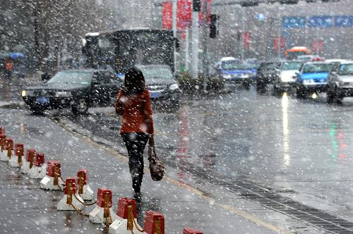 3月25日,一名青島市民在大街上冒雪行進。當日凌晨,受暖濕氣流和冷空氣的共同影響,青島大部分地區(qū)出現(xiàn)短時強降雪天氣,突如其來的雨雪給市民出行和城市交通帶來諸多不便。新華社記者 李紫恒 攝
