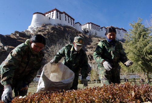 曾經(jīng)是拉薩八一農(nóng)場失業(yè)人員的大尼瑪(左)、次仁朗增(右)和巴桑次仁在政府的幫助下,成為公園的園林工(11月29日攝)。 2007年,西藏自治區(qū)政府投入2750萬元購買3000個公益性工作崗位,解決西藏“零就業(yè)家庭”人員就業(yè)問題。近日,全市最后一批“零就業(yè)家庭”的101名失業(yè)人員陸續(xù)走上政府提供的公益性工作崗位。至此,拉薩市率先在西藏全區(qū)實現(xiàn)消除“零就業(yè)家庭”。 新華社記者 格桑達(dá)瓦 攝