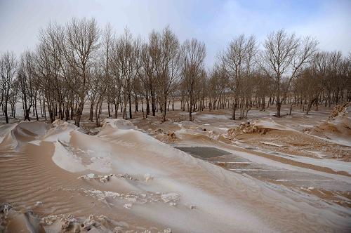 內(nèi)蒙古105省道正鑲白旗段路旁堆積的沙塵和積雪(1月24日攝)。新華社記者 張領(lǐng) 攝
