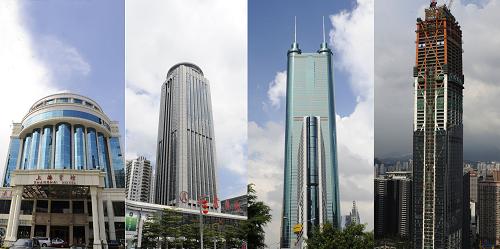 30年來深圳的地標建筑越來越高,從改革開放初期的上海賓館,到80年代的國貿大廈,90年代的地王大廈,很快將迎來京基金融中心的新高度(從左至右,拼接圖片)。 即將迎來30周歲的深圳經濟特區(qū)無論在經濟發(fā)展、社會改革、百姓生活等方面都取得了令人矚目的成就。深圳城市建筑作為展示城市形象的名片之一,在這30年中實現(xiàn)了大跨越。 1982年開建的“神州第一高樓”深圳國貿大廈創(chuàng)下了“三天建一層樓”的奇跡,從此“深圳速度”傳遍神州大地。1996年,高達383.95米的地王大廈落成后,成為深圳的新地標。進入新世紀后,經歷過“速度”和“高度”的深圳建筑人創(chuàng)新觀念,開始向綠色建筑、低碳建筑轉身。深圳市已經明確提出要將深圳建成“綠色建筑之都、低碳生態(tài)城市”。2009年,號稱“有生命、會呼吸的房子”的深圳建科大樓建成投入使用,讓“綠色建筑之都”有了最好的注腳。太陽能、風力發(fā)電機、光導管等40多項綠色技術的運用,讓建科大樓成了一座智能低碳大樓。據了解,該大樓與當?shù)赝惤ㄖ骄奖容^,年單位建筑面積空調能耗低50%、照明能耗低71%、總能耗低59%。目前,深圳市已成為國家首批可再生能源建筑應用示