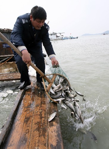 3月25日,漁政人員在放流魚苗。 新華社發(fā)