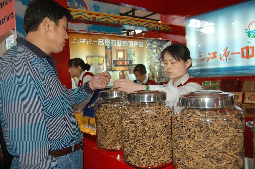 5月5日,洽談會現(xiàn)場的銷售人員在向一名客商介紹高原特產(chǎn)――冬蟲夏草。 新華社記者 嘎瑪 攝