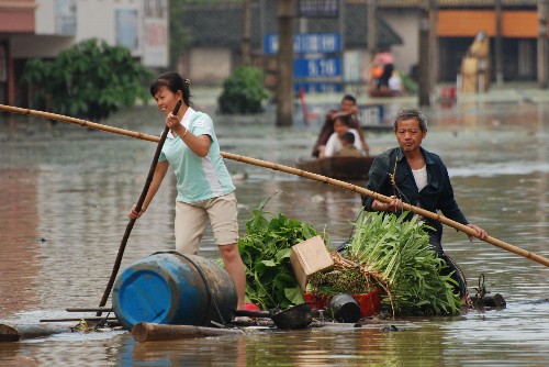 6月14日,昭平縣附城村農(nóng)民劃著木筏搶運(yùn)從洪水中搶收的蔬菜。
