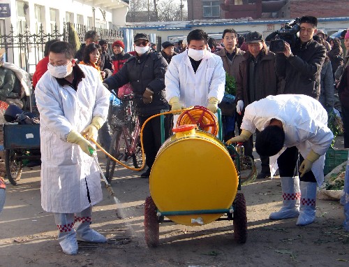 河北三河市尚未發(fā)現(xiàn)禽流感疫情 1月7日,三河市畜牧、防疫部門工作人員正在燕郊行宮市場活禽交易區(qū)消毒。 1月6日,北京市發(fā)生一例人感染高致病性禽流感死亡病例。據(jù)悉,死者生前曾接觸過從河北省三河市燕郊行宮市場購買的活殺鴨肉,記者迅速到行宮市場采訪。7日記者從三河市政府獲悉,目前本地尚未發(fā)現(xiàn)禽流感疫情。 記者1月7日上午在三河市燕郊行宮活禽市場看到,活禽交易區(qū)域已全部關(guān)閉,現(xiàn)場拉起了警戒線,畜牧、防疫部門有關(guān)工作人員正在進行消毒,行宮市場其他商品交易區(qū)正常營業(yè)。 新華社記者曹國廠攝