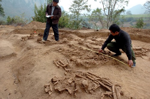 12月4日,廣西文物考古研究所專家在現(xiàn)場測量出土的墓葬人骨骸群。廣西文物考古研究所于2007年10月至12月,派出專業(yè)技術(shù)人員對位于左江左岸的崇左市江州區(qū)瀨湍鎮(zhèn)何村新石器時代貝丘遺址,進行搶救性考古發(fā)掘,獲得一大批重要文化遺物,尤其是出土的雙肩蚌器和折肩陶器在廣西地區(qū)新石器時代考古發(fā)掘中較為罕見。此次發(fā)掘遺跡發(fā)現(xiàn)數(shù)量眾多的墓葬,目前超過50個個體,葬式包括側(cè)身屈肢、俯身屈肢、屈肢蹲葬、肢解葬等。發(fā)掘出土遺物豐富,有打制石器、磨制石器、骨器、蚌器、陶片和大量水、陸生動物骨骸。經(jīng)考古專家初步鑒定,該遺址年代在距今6000年左右,屬新石器時代中晚期?!⌒氯A社記者 劉廣銘 攝
