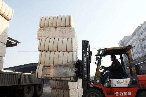 11月21日,在新疆烏魯木齊北站兵團棉麻公司儲備庫,一名工作人員把成包的皮棉裝上卡車。新華社發(fā)(張秀科 攝)
