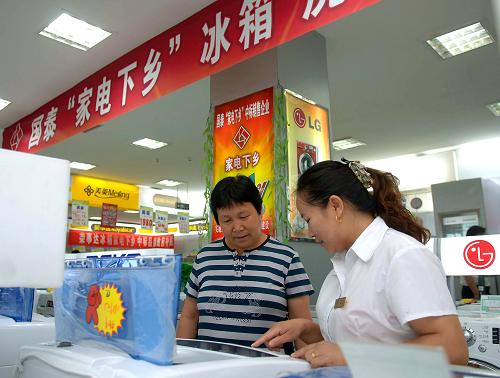 6月24日,北京順義區(qū)北小營(yíng)鎮(zhèn)農(nóng)民李雪琴(左)在商場(chǎng)選購(gòu)家電下鄉(xiāng)產(chǎn)品。 新華社記者 公磊 攝