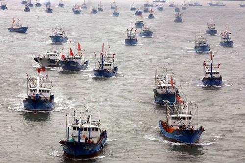 8月11日上午,浙江舟山漁港內(nèi)的漁船出?;謴?fù)生產(chǎn)。當(dāng)日,浙江省舟山市防汛防旱防臺(tái)指揮部解除了防御臺(tái)風(fēng)“莫拉克”的警報(bào),在舟山漁港內(nèi)避風(fēng)的近萬艘漁船陸續(xù)駛?cè)霒|海各漁場(chǎng)恢復(fù)生產(chǎn)。新華社發(fā)(胡社友 攝)