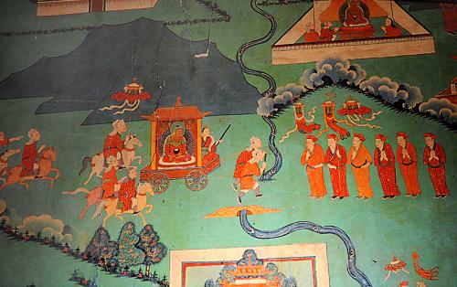 這是文物展上展出的唐朝文成公主進(jìn)藏壁畫局部(10月1日攝)。新華社記者 覺果 攝