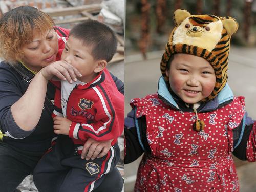 左圖:2008年5月21日,四川省什邡市鎣華鎮(zhèn)4歲男孩伍鑫抱著母親不愿意離開,地震時伍鑫正在去幼兒園的路上,躲過一劫,在上海打工的媽媽千方百計回到老家,終于見到了孩子。右圖:2009年1月24日(臘月二十九),伍鑫在鎣華鎮(zhèn)自家簡易過渡房門口開心玩耍。臨近新春佳節(jié),記者再次走進四川地震重災(zāi)區(qū)什邡市的集中安置點,這里隨處可見嬉笑玩耍的孩子。這些孩子曾在經(jīng)歷生死劫難后的很長一段時間里驚恐不安、心有余悸。在地震發(fā)生8個多月之后,他們的臉上又綻放出燦爛的笑容,成為災(zāi)區(qū)冬日里最溫暖人心的一道風景。 新華社發(fā)(張曉理 攝)