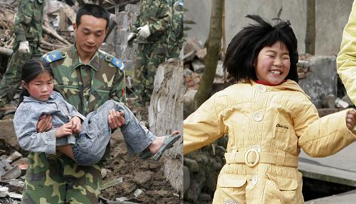 左圖:2008年5月21日,四川省什邡市鎣華鎮(zhèn)9歲女孩魏芳琴被救援人員抱出瓦礫堆。右圖:2009年1月24日(臘月二十九),魏芳琴在鎣華鎮(zhèn)自家簡易過渡房門口開心玩耍。 新華社發(fā)(張曉理 攝)