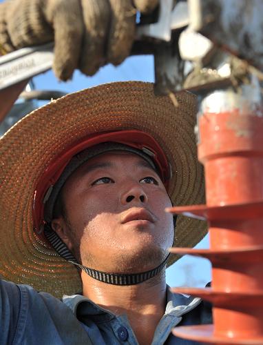8月22日,在無錫市機(jī)場路,一名電力職工在安裝鋼管塔。新華社發(fā)(潘正光 攝)
