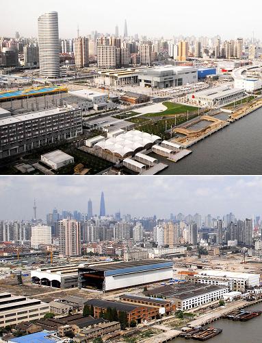 此拼版圖片顯示的是2010年3月22日拍攝的由原江南造船廠廠區(qū)改建成的世博浦西園區(qū)全景(上圖)和2008年9月8日拍攝的正在拆遷的原江南造船廠全景(下圖)。新華社發(fā)