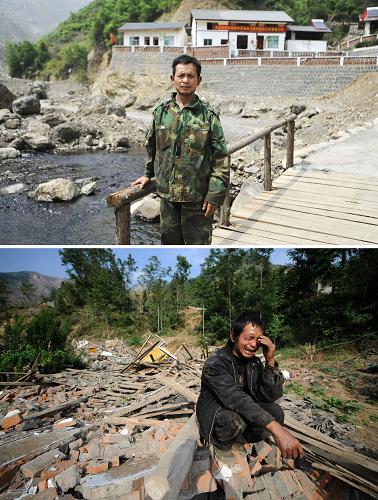 上圖:2010年4月30日,青川縣東河口村村民何清躍站在新家前。下圖:2008年5月15日,從外地趕回東河口村的何清躍在自家房屋的廢墟上痛哭。4月30日,汶川大地震兩周年快要到的時(shí)候,記者再次來(lái)到地震災(zāi)區(qū)青川縣東河口村,看望在地震發(fā)生后記者遇到并一直關(guān)注的幾位東河口人。在與當(dāng)年幾乎在同一地點(diǎn),用鏡頭記錄東河口村和東河口人的變化。如今,站在地震遺址前極目遠(yuǎn)眺,昔日災(zāi)區(qū)第二大堰塞湖——東河口堰塞湖,像明鏡般點(diǎn)綴于山間;廢墟上已經(jīng)鋪好了柏油路;山腳下一幢幢青瓦白墻的川北風(fēng)格新家園整潔漂亮;昔日的滿目瘡痍已不見蹤跡,人們的眼里淚少了,希望多了……東河口村邊的青竹江依舊在流淌,在東河口人的血液里,也有種精神在流淌:無(wú)懼艱難、從頭再來(lái)。新華社記者 江宏景 攝