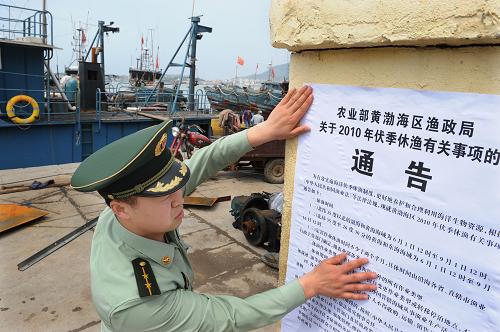 5月31日,青島沙子口邊防派出所警官在漁港張貼伏季休漁通告。根據(jù)農(nóng)業(yè)部的部署,從6月1日中午12時起,北緯35度以北的黃海和渤海海域?qū)⑦M入為期三個月的伏季休漁期。目前,山東沿海4.4萬余艘應(yīng)休漁漁船陸續(xù)按期返港,各漁港正在按“船進港、網(wǎng)入庫、人上岸、證集中”的休漁要求加強海陸監(jiān)管,做好重點區(qū)域、重點時段和重點對象的管理,切實維護好伏季休漁秩序。新華社記者 李紫恒 攝