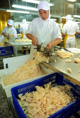 7月9日, 福建建甌明良食品有限公司工人在生產(chǎn)保鮮水煮筍產(chǎn)品。新華社記者 張國(guó)俊 攝