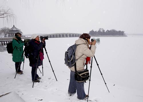 2月10日,幾位攝影愛好者在北京頤和園拍攝雪景。新華社記者 陳建力 攝