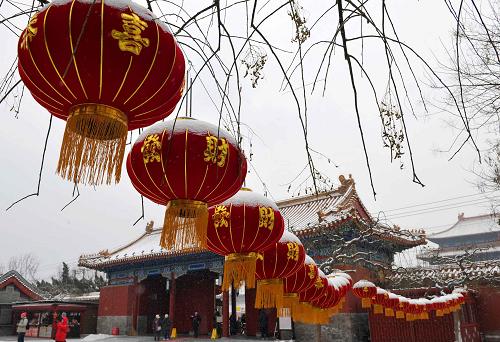 2月10日,北京景山公園內(nèi)懸掛的紅燈籠被白雪覆蓋。新華社記者 公磊 攝