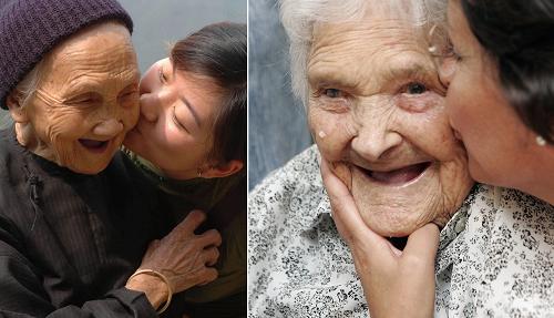 左圖:2005年4月28日,一位叫蔣方方(右)的青年與105歲長(zhǎng)壽老人黃媽仁親吻。新華社記者 劉廣銘 攝 右圖:2006年9月10日,在葡萄牙中部城市托馬爾附近的科魯若村,伊莎貝爾·阿布雷烏(右)親吻她的祖母瑪麗亞·德熱蘇斯。當(dāng)天是瑪麗亞·德熱蘇斯113歲的生日。新華社/路透