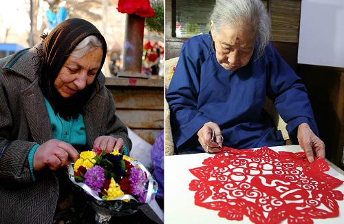 左圖:2004年1月2日,在格魯吉亞首都第比利斯一個(gè)花卉市場(chǎng)上,一位老年婦女在捆扎鮮花。新華社記者 曉凌攝 右圖:2008年7月15日,江蘇省南京市的胡家芝老人展示剛完成的奧運(yùn)主題剪紙作品。新華社發(fā)(王新 攝)