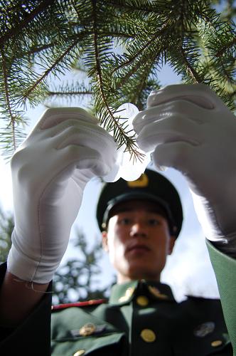 4月2日,在西寧市烈士陵園,一名武警戰(zhàn)士將一朵紙花別在松樹枝頭祭奠革命先烈。新華社發(fā) (魯鵬 編輯)