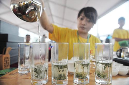 7月8日,一參展企業(yè)的工作人員在現(xiàn)場(chǎng)沖泡貴州鳳崗縣的“翠芽”綠茶。當(dāng)日,“2011中國(guó)·貴州國(guó)際綠茶博覽會(huì)”在貴陽(yáng)市國(guó)際會(huì)議展覽中心正式開幕,來自全國(guó)15個(gè)?。▍^(qū)、市)的719家茶企業(yè)代表齊聚一堂,進(jìn)行茶葉展銷、茶藝展示、茶文化表演等活動(dòng),現(xiàn)場(chǎng)還展示了貴州晴隆100多萬年前的茶籽化石。據(jù)悉,此次茶博會(huì)展覽面積達(dá)2萬余平米,相關(guān)活動(dòng)將持續(xù)到7月10日。新華社記者 歐東衢 攝