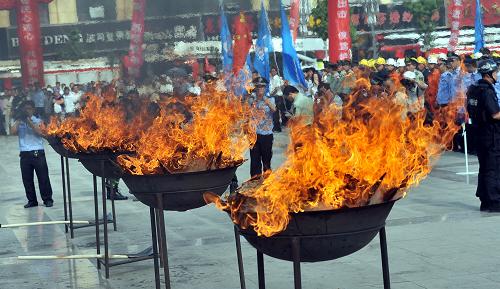 寧夏公安禁毒部門在吳忠市舉行的毒品焚燒現(xiàn)場(chǎng)一角(6月26日攝)。6月26日,寧夏公安禁毒部門在吳忠市舉行焚燒毒品現(xiàn)場(chǎng)大會(huì),當(dāng)眾焚燒毒品70公斤。據(jù)了解,今年1至5月份,寧夏全區(qū)共破獲各類毒品刑事案件123起,抓獲涉毒犯罪嫌疑人225人,破獲毒品治安案件1447起,有效打擊了販毒分子的囂張氣焰。新華社記者 劉泉龍 攝