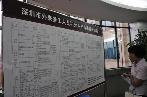 9月30日,一名外來務(wù)工人員在深圳市職業(yè)介紹中心窗口前辦理申報積分入戶的相關(guān)手續(xù)。當(dāng)日,深圳外來務(wù)工人員積分入戶申報工作啟動,符合申報條件的外來務(wù)工人員可選擇單位申報或個人申報方式申請積分入戶。根據(jù)9月1日公布的《深圳市外來務(wù)工人員積分入戶試行辦法》,外來工可按照規(guī)定獲得積分,分值達到60分以上的,即可以積分形式申請辦理招工入戶。新華社記者 吳俊 攝