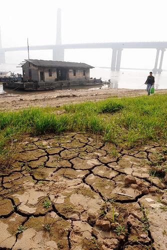 持續(xù)枯水使得長沙湘江銀盆嶺大橋附近大面積河灘裸露(11月2日攝)。據(jù)長沙水文站介紹,連日的久晴不雨導致了湘江水位下降嚴重。截至11月2日上午8時,湘江長沙段水位已經(jīng)下降到26.16米,低于千噸級航道設計水位0.19米。目前湘江長沙段有大片河灘裸露,航道變窄,航運受到一定影響。新華社記者 龍弘濤 攝